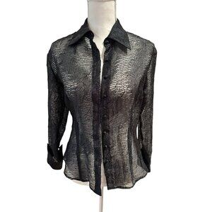 VINTAGE Black Sheer Button Down Top Size Small